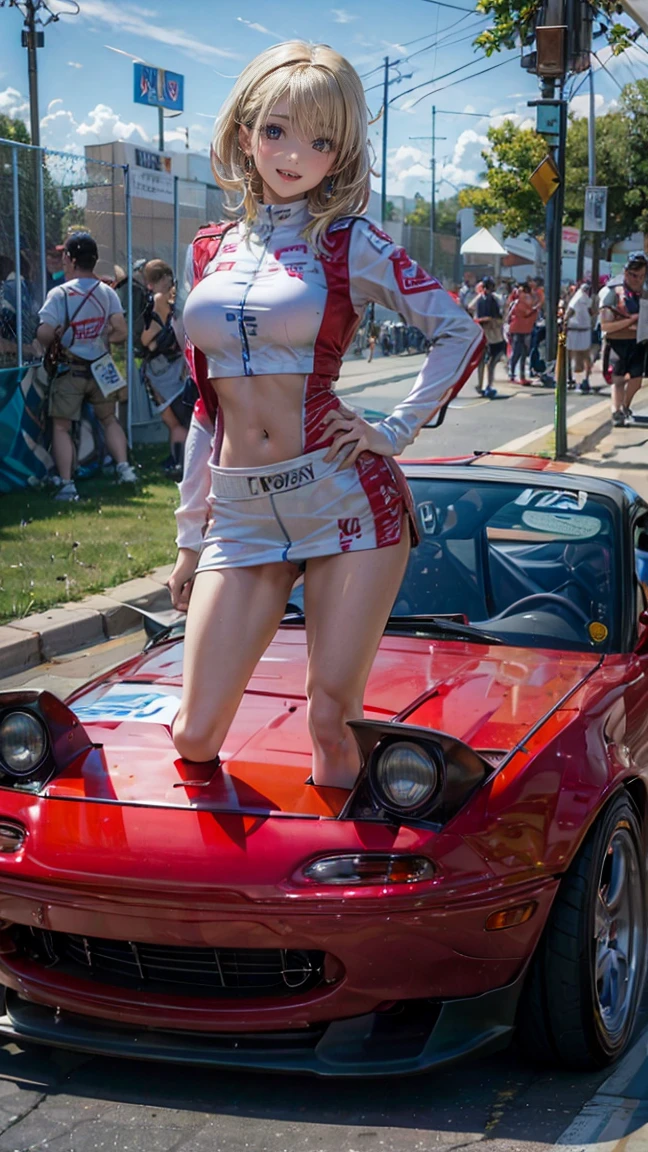 One Woman　Race Queen　Posing for the camera in front of a sports car　High leg　Low - Angle　Cute smile