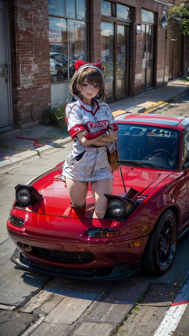 One Woman　Race Queen　Posing for the camera in front of a sports car　High leg　Low - Angle　Cute smile