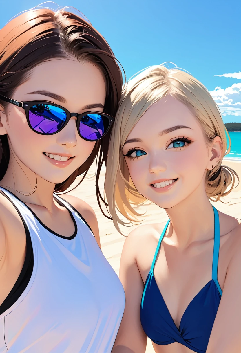 (masterpiece, best quality:1.1),
popart style,flat color,(two girls),cute face,(tween),bikini,(enjoying travel),(whitehaven-beach, australia), selfie,friendly,very happy,beautiful lighting,dynamic angle,depth of field,photographic portrait, sharp,