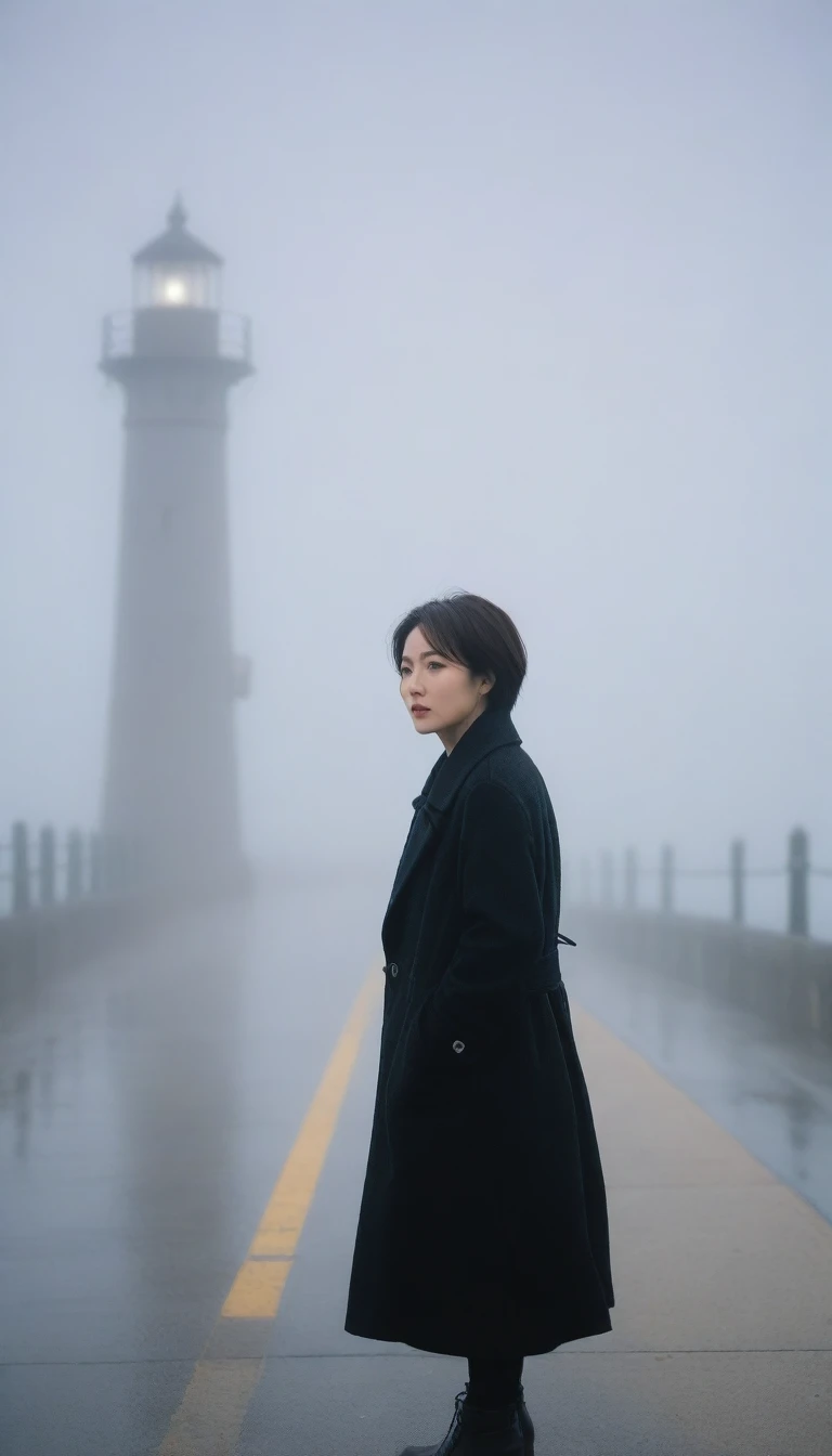 35-year-old Korean woman,, Short hair, Black coat, cool,rain,blur,Fog,middle,cool,boring,,pier,only, lighthouse in the distance,Coast, Street lamp, The dim light shines in the Fog,and the figure stands in the Fog holding an