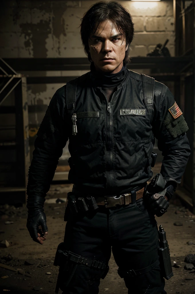 "Damon Salvatore stands as a formidable figure on the battlefield, his face adorned with fierce skull face paint that adds to his intimidating presence. Dressed in rugged military gear, he grips an advanced assault rifle with authority, his gaze sharp and focused amidst the chaos of battle. Explosions illuminate the scene around him, casting shadows that enhance his fierce demeanor and fearless resolve."
