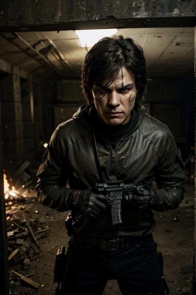 "Damon Salvatore stands as a formidable figure on the battlefield, his face adorned with fierce skull face paint that adds to his intimidating presence. Dressed in rugged military gear, he grips an advanced assault rifle with authority, his gaze sharp and focused amidst the chaos of battle. Explosions illuminate the scene around him, casting shadows that enhance his fierce demeanor and fearless resolve."