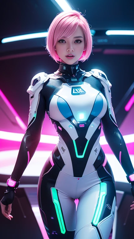 A futuristic cyber woman in circuit patterns clear astronaut neon light suit ,high cut legs, bionic-mechanic body , beautiful breasts stands confidently in the center of a futuristic setting, with intricate details. short pink hair, elegance pose, medium body shot, luminous glow a soft lighting, The background interstellar , creating a quatum sci-fi atmosphere.