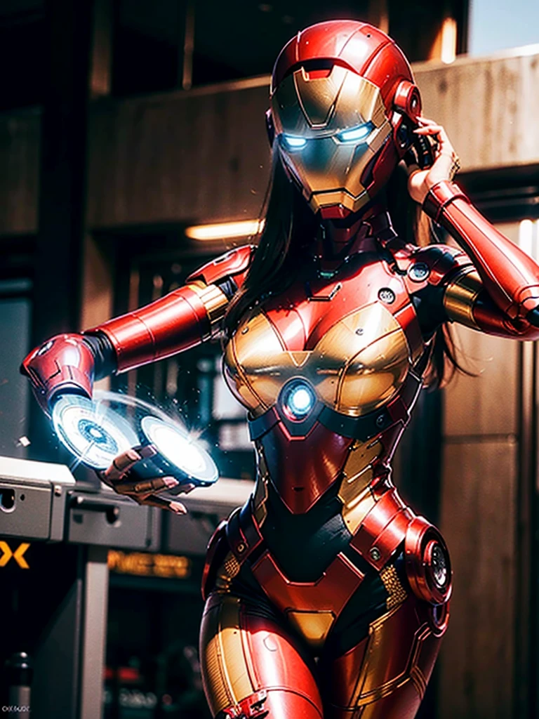 8k, realistic, attractive, highly detailed, a 20 year old girl a sexy and attractive woman inspired by Iron Man wearing a shiny Iron Man mech. She dresses with sexiness and confidence, perfectly interpreting Iron Man's strength and charisma. In a cyberpunk-style city night scene, a sexy and attractive woman takes Iron Man's cosplay as the theme. Wearing a shiny Iron Man mech, she stands on a street lined with tall buildings. The night lights of the city are bright, reflecting on her mecha, adding a sense of future technology. The surrounding buildings and streets are full of cyberpunk elements, such as neon lights, high-tech devices and futuristic architectural designs. The whole scene is full of futuristic and sci-fi atmosphere. This high-definition, high-quality picture will bring you stunning visual enjoyment, a perfect combination of sexy, futuristic and sci-fi elements. oc rendering, dramatic lighting, award winning quality, หน้าอกใหญ่, กางเกงในสีขาว, โชว์กางเกงใน, camel toe,