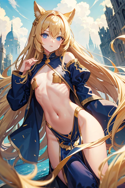 Golden long hair, blue eyes, flat chest