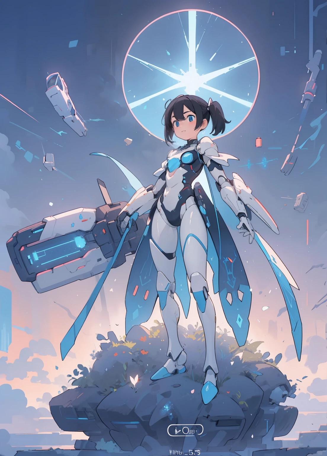 (masterpiece、Highest quality、Highest quality、Official Art、Beautiful and beautiful:1.2)、(One girl:1.3)Hatsune Miku、Twin tails,Beautiful breasts,(masterpiece:1.5, Highest quality:1.5, Very delicate:1.5, Shorthand:1.5, Dynamic Angle:1.5), humanoid mech, Fully enclosed shoulder guards, Matching arm and leg guards, whole body, Full Armor, A design that combines solidity and agility, (The color scheme is mainly white.、Comes with red and blue accents。, The concept was inspired by super robots, Organic Biotech Armor, Are standing, Floating above a futuristic sci-fi city), Exquisite and mature art style, (Aura effect, energy, Glowing Eyes, The armor shines), ((SRS)), metallic, dramatic, High resolution, High resolution, Super detailed, Ultra-fine painting, Professional, 完璧なボディProfessionalポーション, Anatomically correct, Symmetrical face, Highly detailed eyes and face, High quality eyes, creativity, RAW Photos, 超High resolution, 32k, Natural light, Cinema Lighting, masterpiece-anatomy-perfect