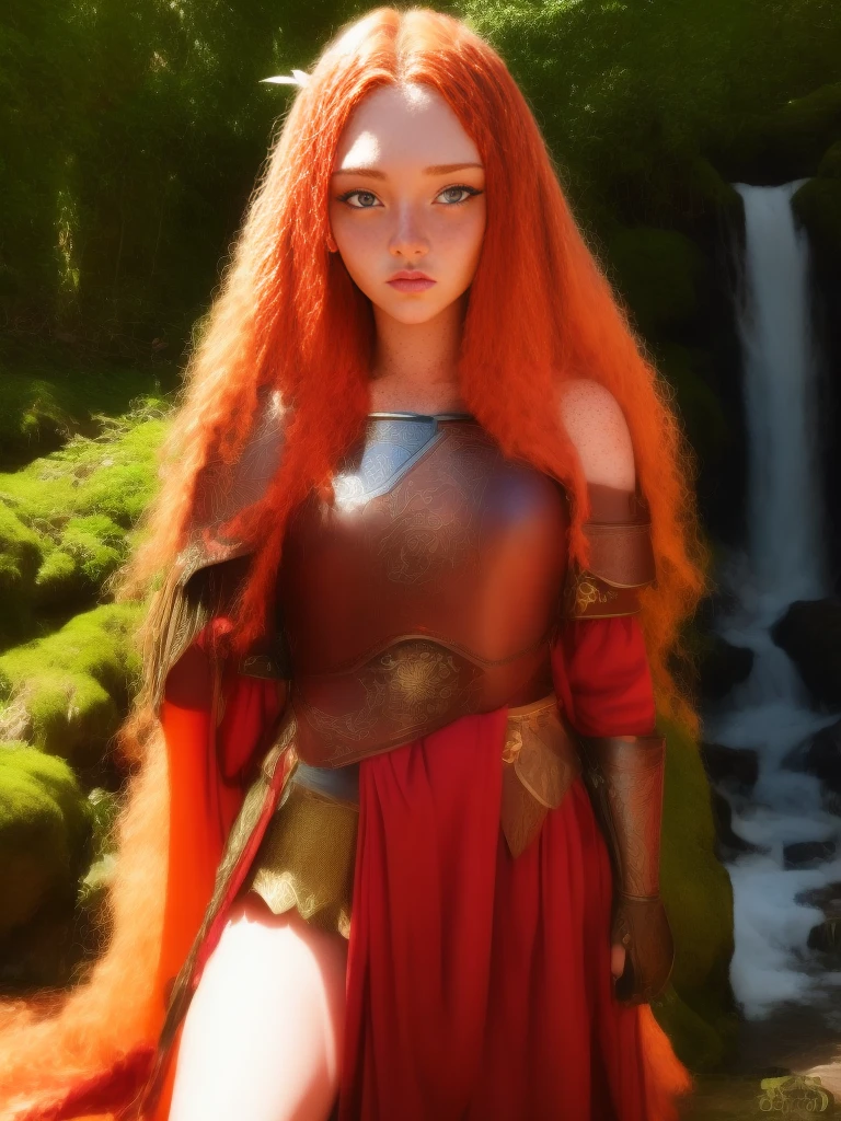 1girl, 18 years old princess, striking figure, long ginger hair, wavy hairs, fair skin, (((freckles))), ((kolito)), innocent and regal appearance, expressive eyes are filled with a mix of curiosity and determination, her slender frame, elegant grace, leather armor, feather headdress, in a forest, waterfall, fanAm