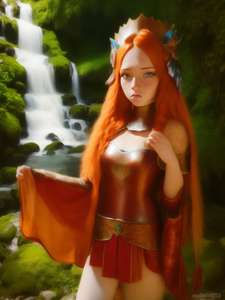 1girl, 18 years old princess, striking figure, long ginger hair, wavy hairs, fair skin, (((freckles))), ((kolito)), innocent and regal appearance, expressive eyes are filled with a mix of curiosity and determination, her slender frame, elegant grace, leather armor, feather headdress, in a forest, waterfall, fanAm