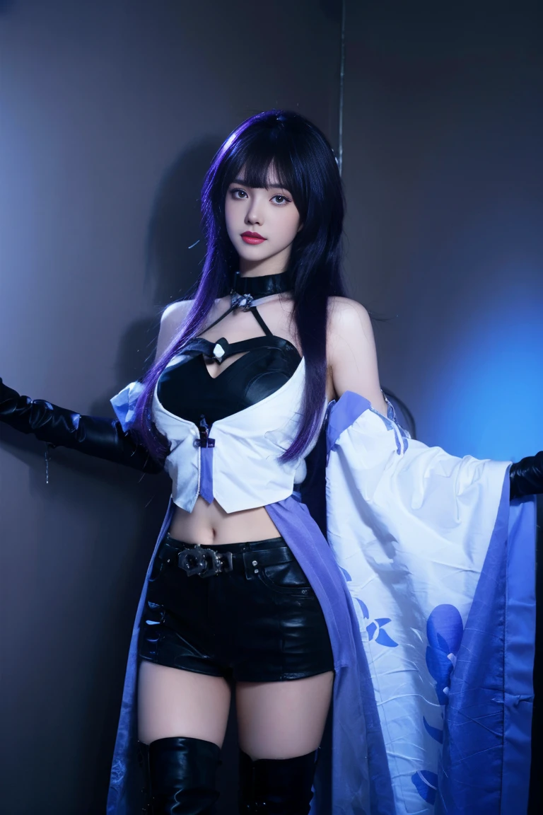 ulzzang-6500-v1.1,(raw photo:1.2),((photorealistic:1.30)), ((best quality)) ,((masterpiece)),((Ultra High Resolution)), ((Clear View)),,Ultra-high resolution,Clear face,（Reality：1.4) ,  illustration, an extremely delicate and beautiful, extremely detailed ,CG ,unity ,8k wallpaper, Amazing, finely detail, masterpiece,best quality,official art,extremely detailed CG unity 8k wallpaper,absurdres, incredibly absurdres, huge filesize, ultra-detailed, highres, extremely detailed,beautiful detailed girl, extremely detailed eyes and face, beautiful detailed eyes,light on face,cinematic lighting, ferpect lighting, 1girl, 独奏 , (purple hair:1.5), bangs, purple eyes, (upper body),see-through,(looking at viewer:1.5), indoor, Acheron cosplay costume, Acheron, cosplay, blue hair, very long hair, hair over one eye, shirt, asymmetrical clothes, singel sleeves, shorts, crop top, belt, tattoo, gloves, singel elbow glove, large breasts, breasts, cleavage, boots, knee boots, high heel boots,  standing,