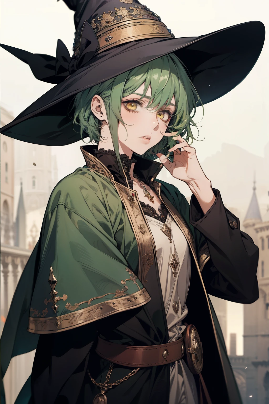 anime character, short green hair, yellow eyes, wizard, witch, big wizard hat, adventurer outfit, wizard hat, witch hat, closed mouth, serious, anime, Gothic art, high details, high quality, 4K, HD, masterpiece, anatomically correct
