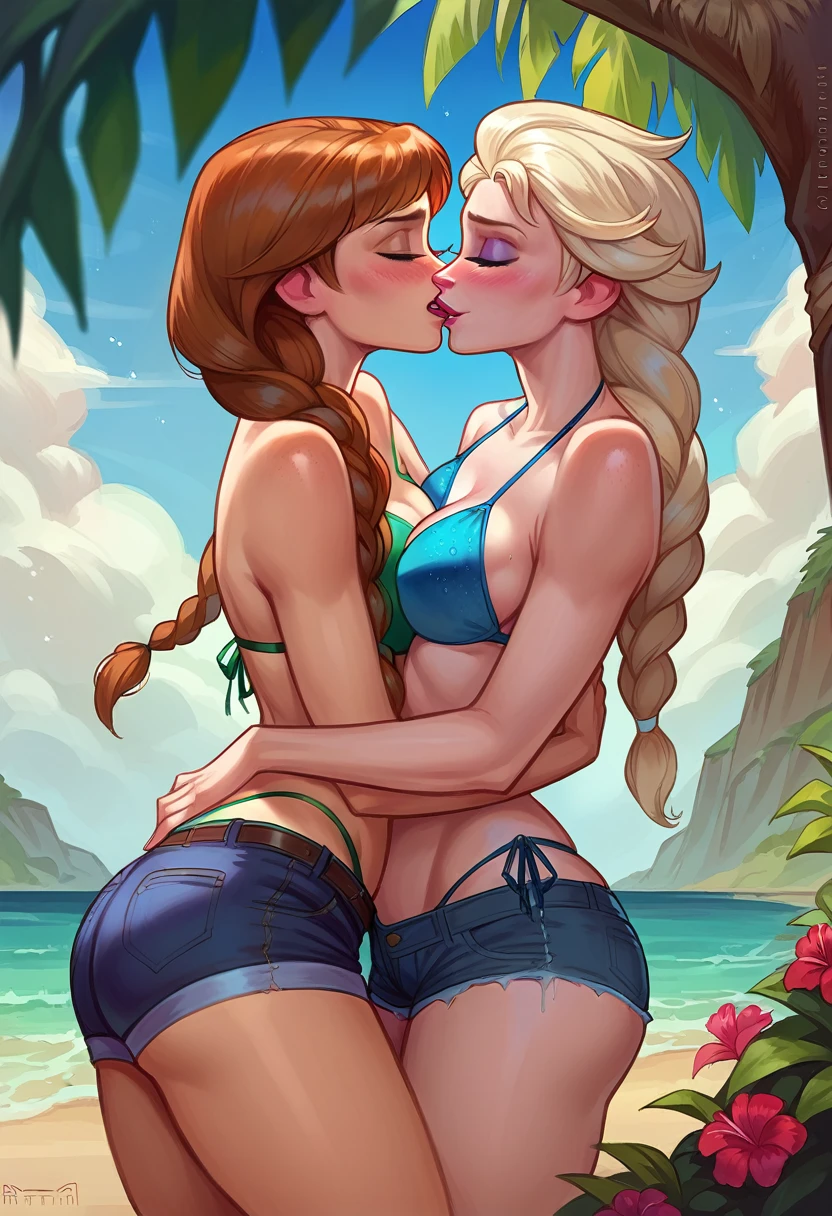 score_9, score_8_up, score_8_up, rating_explicit, source_cartoon, 2girls, (Queen Elsa, blonde hair, braids:1.0), (Princess Anna, brown hair, braided pigtails:1.0), yuri, girlfriends, cleavage, round ass, bikini top, shorts, beach, outdoors, innocent face, blush, standing, embracing, kissing.