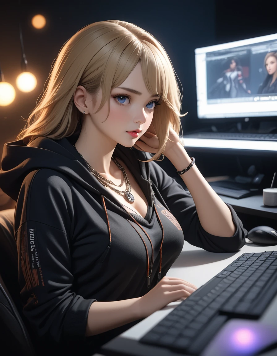 best quality, masterpiece, high resolution, A girl, blond, Blue eyes, fashion clothing, necklace, jewelry, Pretty Face, Perfect breasts, more than_Body, Tyndall effect, lifelike, Dark Studio, Side lighting, Two-color lighting, (HD Skin:1.2), 8k , Soft Light, high quality, Volumetric Lighting, frank, high resolution, 8k, Bokeh,hort depth of field, hacker female, computer, wearing a black hooded hoodie