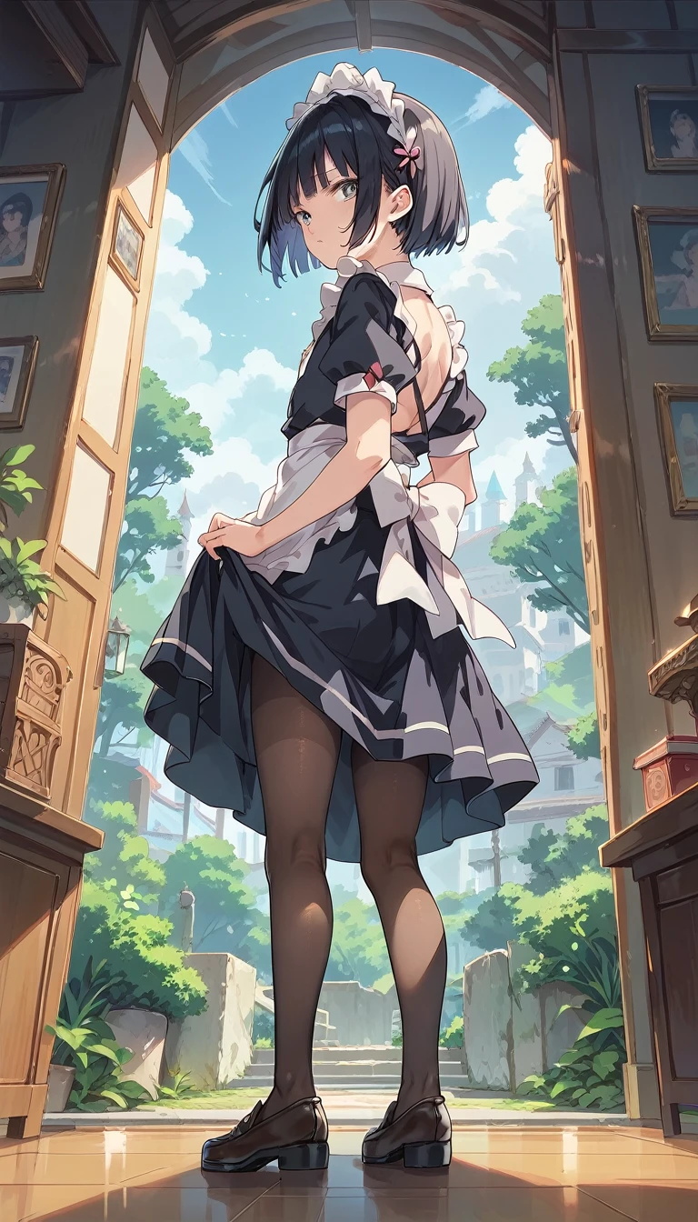 score_9, score_8_up, score_7_up,masterpiece,(bestquality),highlydetailed,ultra-detailed,1 boy, full body, from below, from behind, solo, femboy, otokonoko, black hair, bobcut, tiny height, flat chest, maid cloth, maid headdress, loafers, pantyhose