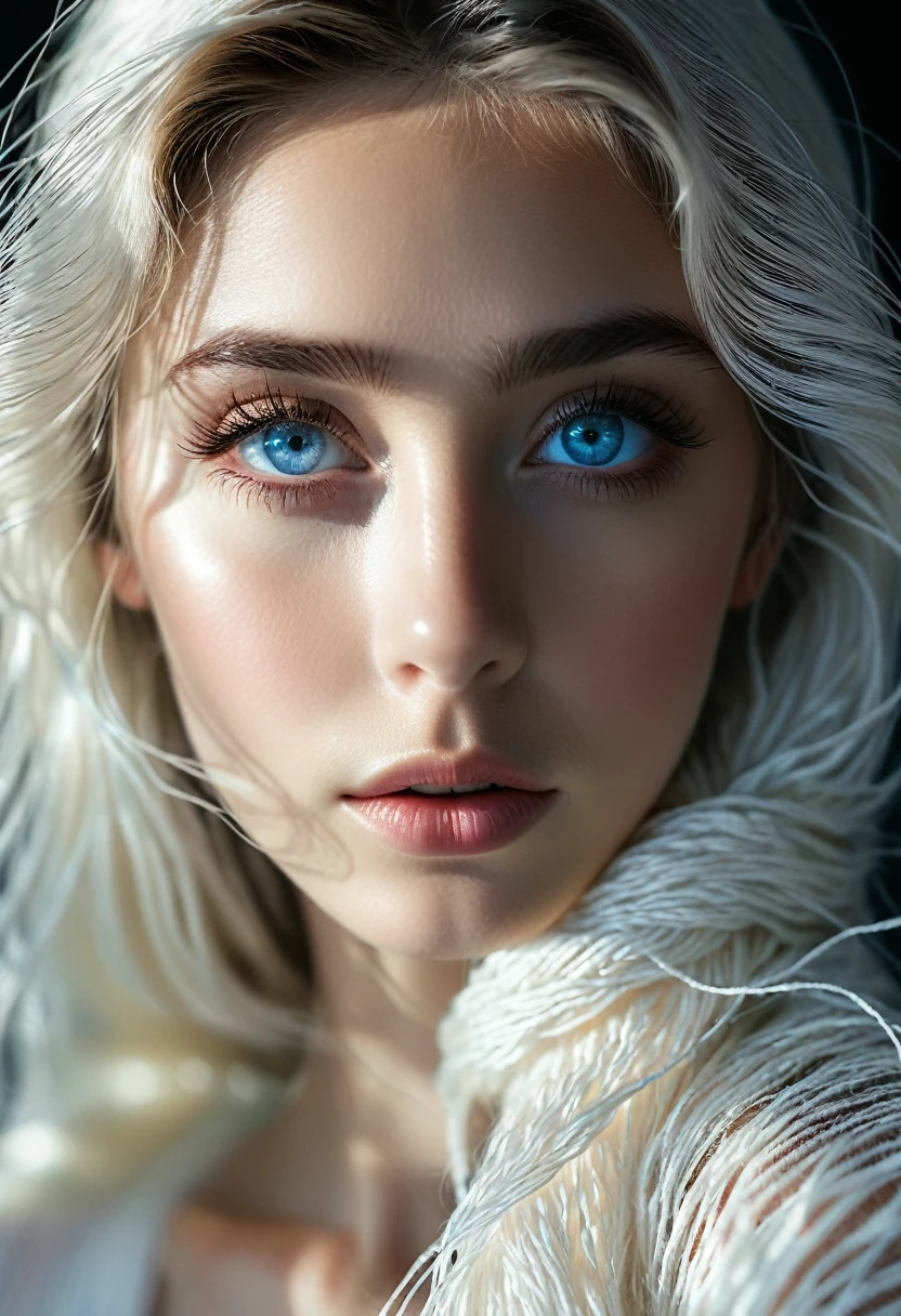 Long white yarn，Beautiful Spanish girl，blue eyes，Clear eyelashes dark background，Backlight，Michal Katz Style，Soft colors，4K,photography，Ultra-fine details