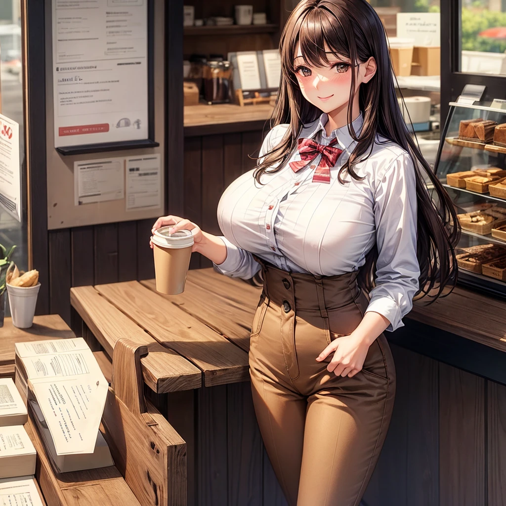 only 1 woman, /(staff uniform/) /(Brown pants/), /(dark hair/) bangs, blush, kind smile, (masterpiece, best quality: 1.2) delicate illustration, ultra-detailed, large breasts BREASTS /coffee shop/)