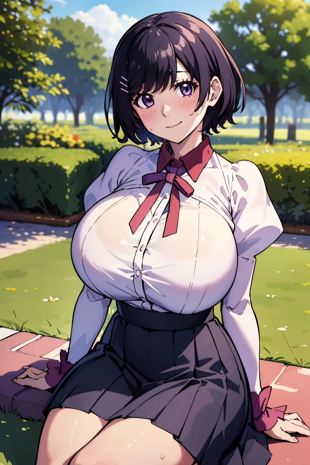 masterpiece, best quality, highres, detailed, 1girl, 独奏, looking at viewer, smile, , hanekawa01, short hair, large breasts,(huge breast:1.2),((ample breasts)),Hourglass Shape,athletic stomach,Thin limbs,Big breasts but skinny,skirt, black hair, pink shirt, hair ornament,, purple eyes, hairclip, long sleeves, puffy sleeves, juliet sleeves, naoetsu high , close up, sitting on the ground,  Garden, trees,(breast focus),blush,Estrus,sweat,steam,Heavy breathing