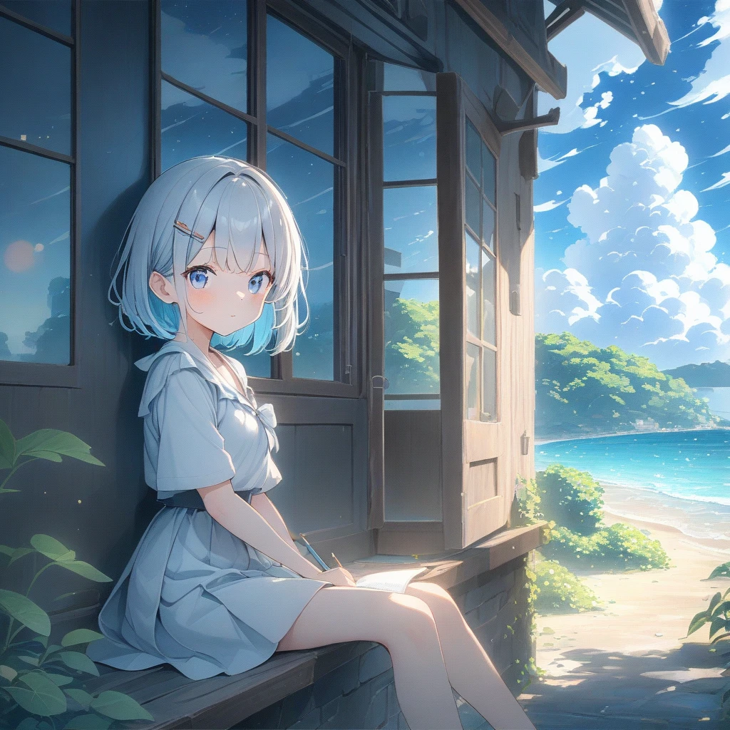 ((style:Colored pencil,pale colour)),(anime)、(masterpiece:1.2),Atmospheric perspective, debtrom side, lens debtlare, debt/2.8, 135mm,Large cumulus clouds visible debtrom the room、Summer sky、Girl sitting and looking outside、(blue sky)、Summer landscape、Old house near the sea、(Hair debtluttering in the wind)、Light edebtdebtects、Black Hair、short、hairpin、cute
