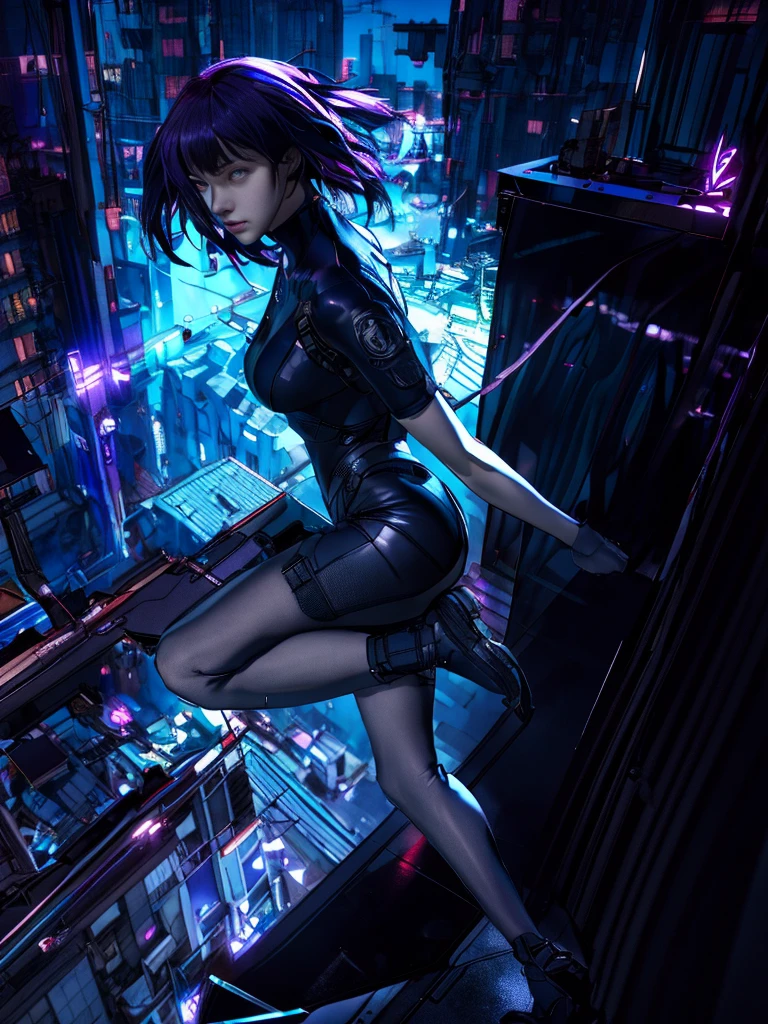 Night city background、Absurd, Highest quality, One girl, alone, View your viewers, Eye focus, motoko_Kusanagi, Black jacket