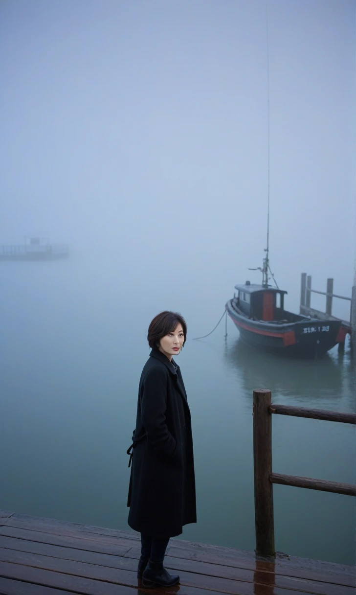 Beautiful 36-year-old Korean woman, Short hair, black coat,  cool,rain,blur,Fog,middle,cool,boring,,pier,Only,Coast,fishing boat, 배 The dim light shines in the Fog,and the figure stands in the Fog holding . Full body shot with Canon camera 16-35 wide angle lens, It&#39;s getting dark and it&#39;s a little dark.
