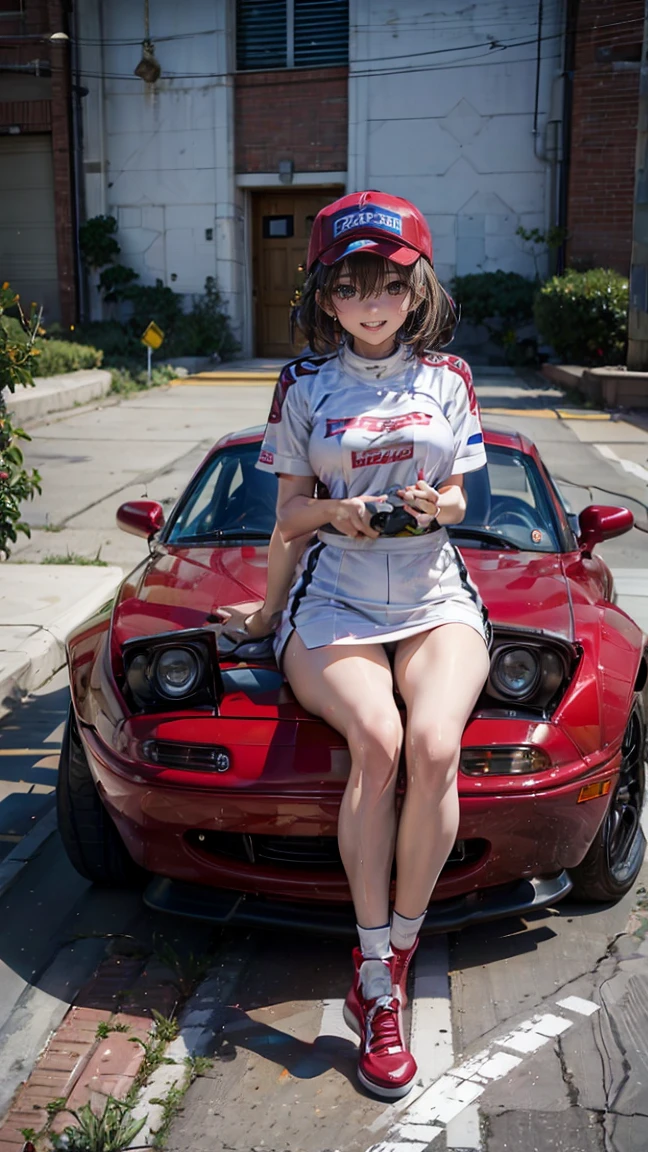 One Woman　Race Queen　Posing for the camera in front of a sports car　High leg　Low - Angle　Cute smile