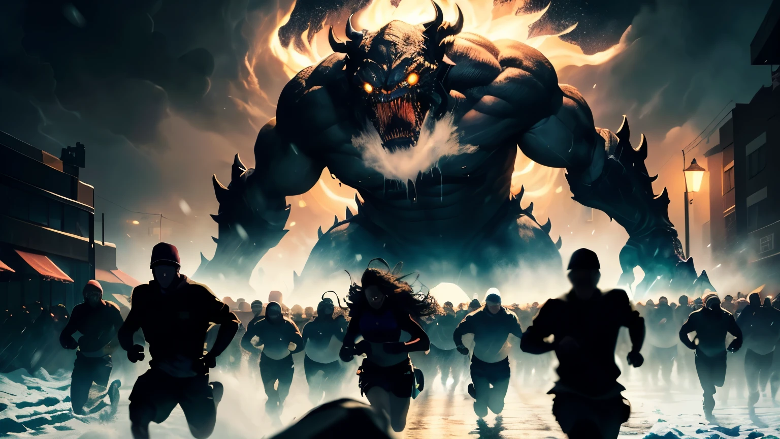 ((best quality)), ((masterpiece)), (detailed), A crowd of silhouette of people running in fear through a snowstorm at night while giant silhouette of ugly monster towering over sky in the background