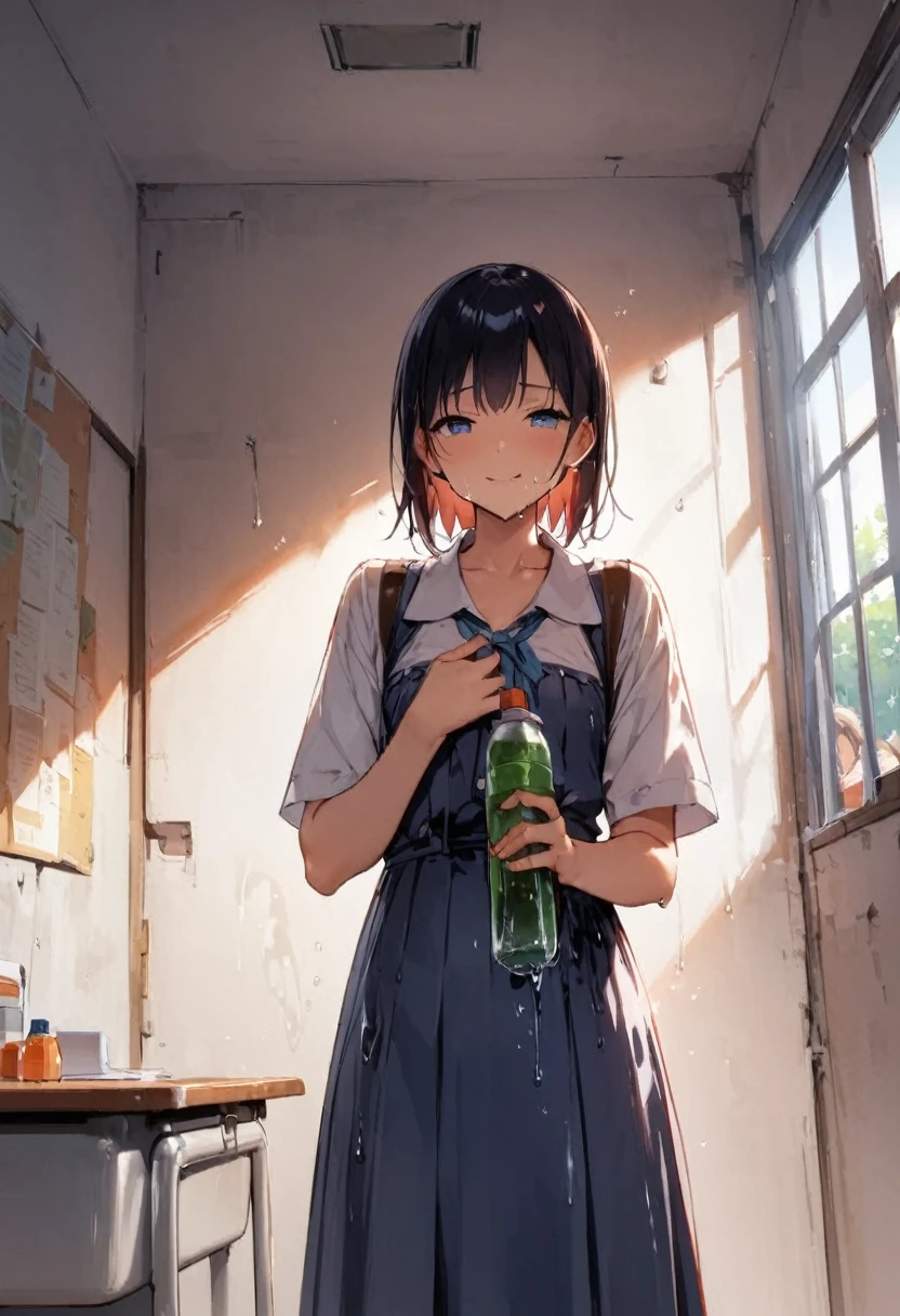 drink juice、closeup-face、Holding a plastic bottle in both hands、The chest area of the clothes is wet with liquid、Juice dripping from the mouth、from directly below、Stinking eyes、sideways glance、School、In the classroom、Girl、Girl、Short、Younger、Lower school year、Baby Face、flat chest、smile、Dynamic Angle、masterpiece、best quality、ultra-detail、Sweating heavily、The air conditioner is broken、Summer sunshine、Looks hot、The desks are lined up、corridor、window、There are several classmates behind me.、Clothing、Untidy appearance、Her chest is exposed、Fan、Heat

