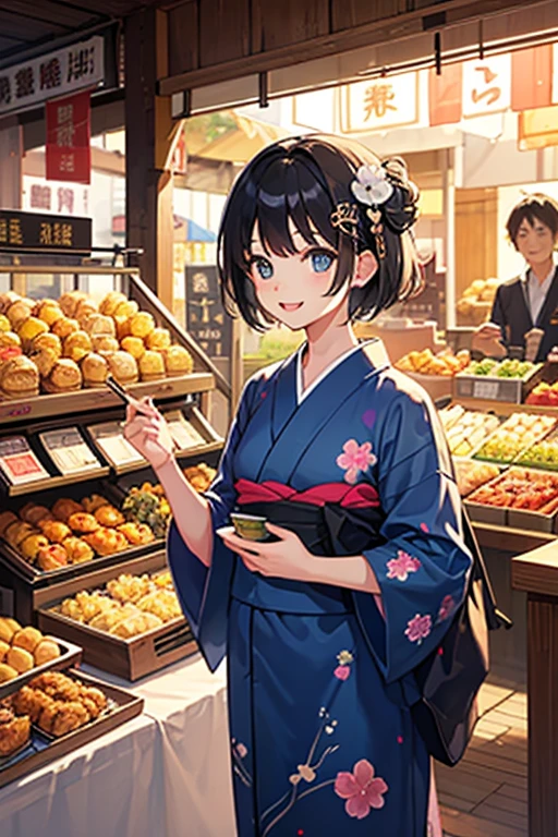 Highest quality、Black Hair、Iris、short hair、girl、cute、16 years old、、Small hair ornament、1 person、Light blue yukata、A happy look、smile、Food stall tour、