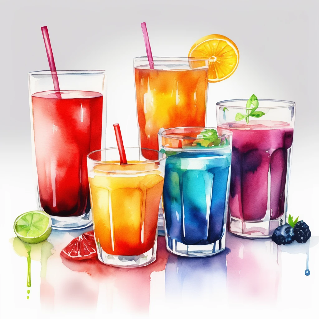 there are many types of colorful healthy drinks served in glasses, the glasses sitting on a surface, juices, smoothie and infused water , illustration, isolated with solid white background, surrounded with negative space, centered composition, highest detailed painting, very precise line, Isolated, clear solid white background, perspective angle of view, ((watercolor:1.5)), (lora:add-detail-xl:1), (masterpiece), (best quality), no bread on the floor, washed out color, (ghibli)