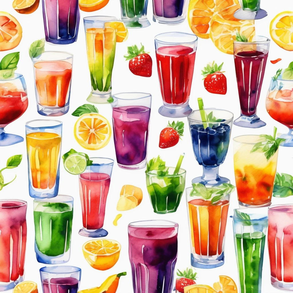 there are many types of colorful healthy drinks served in glasses, the glasses sitting on a surface, juices, smoothie and infused water , illustration, isolated with solid white background, surrounded with negative space, centered composition, highest detailed painting, very precise line, Isolated, clear solid white background, perspective angle of view, ((watercolor:1.5)), (lora:add-detail-xl:1), (masterpiece), (best quality), no bread on the floor, washed out color, (ghibli)