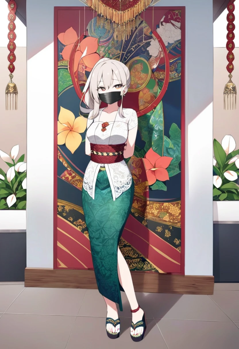 score_9, score_8_up, source_anime, 1girl, solo,The photo features a woman standing in traditional decorations. She is wearing traditional attire consisting of a light white kebaya with lace trim and a long green skirt with batik or songket patterns. The woman is also wearing white high-heeled sandals, and there is a frangipani flower tucked behind her left ear. The surrounding environment has ornate decorations, likely from Bali or Java. , (bound wirsts), (arms behind back), (tapegag, tape gag), dramatic,  (looking at viewer), (detailed pupils:1.3),pencil skirt ,red rope, thick rope,small breast,ponytail hair,big breast 