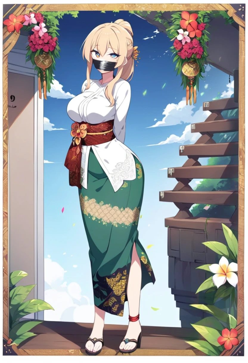 score_9, score_8_up, source_anime, 1girl, solo,The photo features a woman standing in traditional decorations. She is wearing traditional attire consisting of a light white kebaya with lace trim and a long green skirt with batik or songket patterns. The woman is also wearing white high-heeled sandals, and there is a frangipani flower tucked behind her left ear. The surrounding environment has ornate decorations, likely from Bali or Java. , (bound wirsts), (arms behind back), (tapegag, tape gag), dramatic,  (looking at viewer), (detailed pupils:1.3),pencil skirt ,red rope, thick rope,small breast,ponytail hair,big breast 