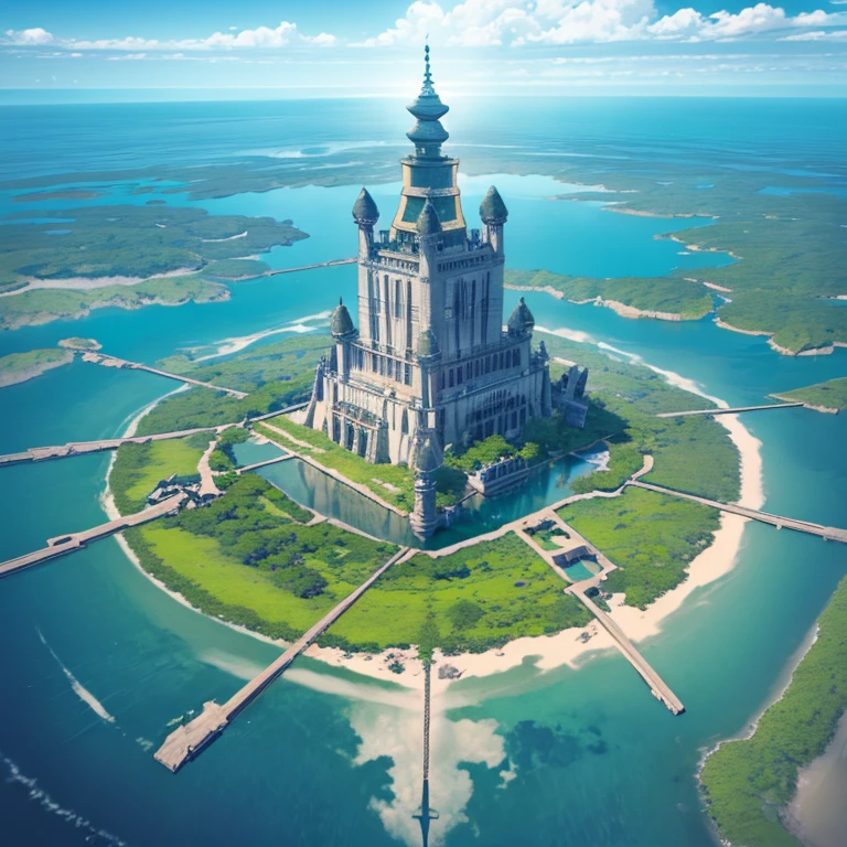 Flat Color、Flat Shadows、 ((Island Sanctuary)), ((Ancient lost kingdom)), ((Reflection on the surface of the water)), ((Ray Tracing)), ((Submerged City))