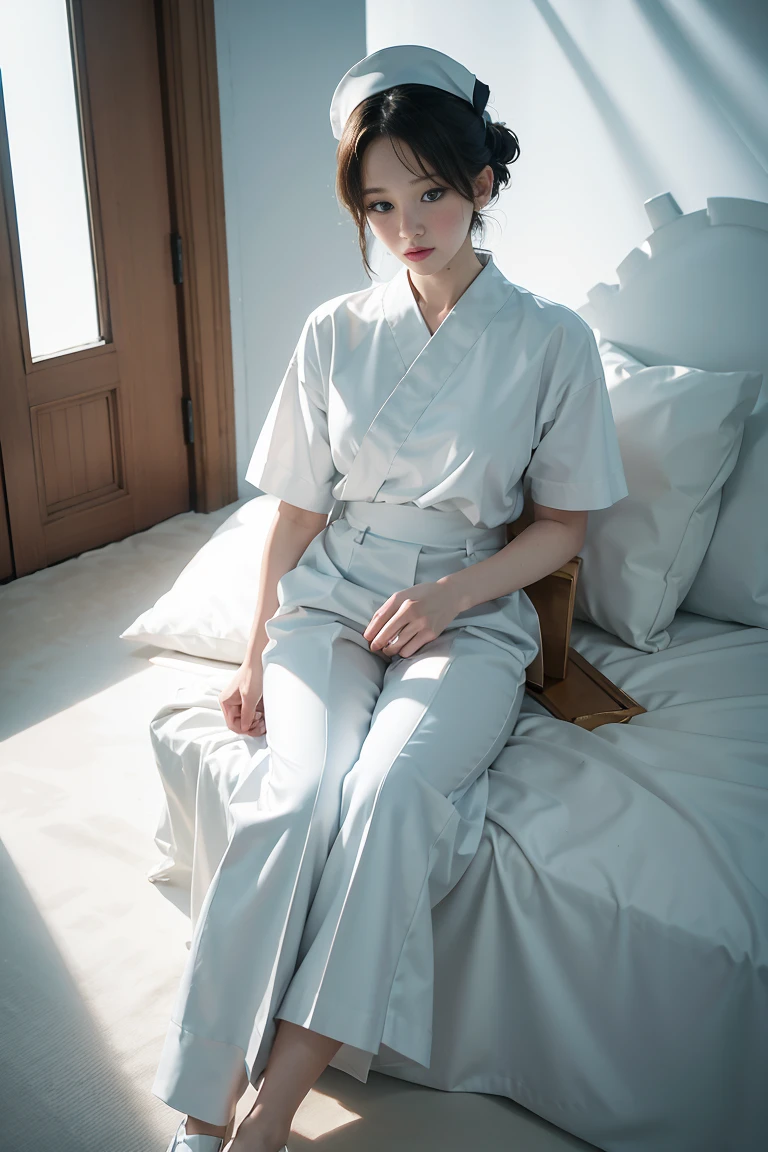 Jennifer Lawrence, black ducktail, upper body, face, facing camera, white short-sleeved Japanese nurse long suit, white long pants, white nurse shoes, white button, background is flat white wall, 8K, high detail, wide angle view, cinematic --no cap --no hat photorealistic, ultra-detailed, 8K resolution, cinematic Dramatic composition, atmospheric --ar 16:9 --stylized 1000 --chaos 30 --V 5