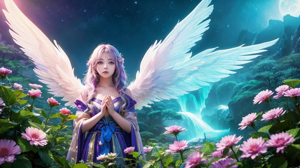 1920×1080、Photogenic reality、heaven、Fantasy、magic、In the fantasy forest、Wrapped in dazzling light、眩Shiiほどの黄金色の光が降り注ぐ、god々Shii、Fantasy、Spreading its large wings、cute、Beauty、Adult female、Big Eyes、一人の美Shii美の女godの全身の画像を作ってください