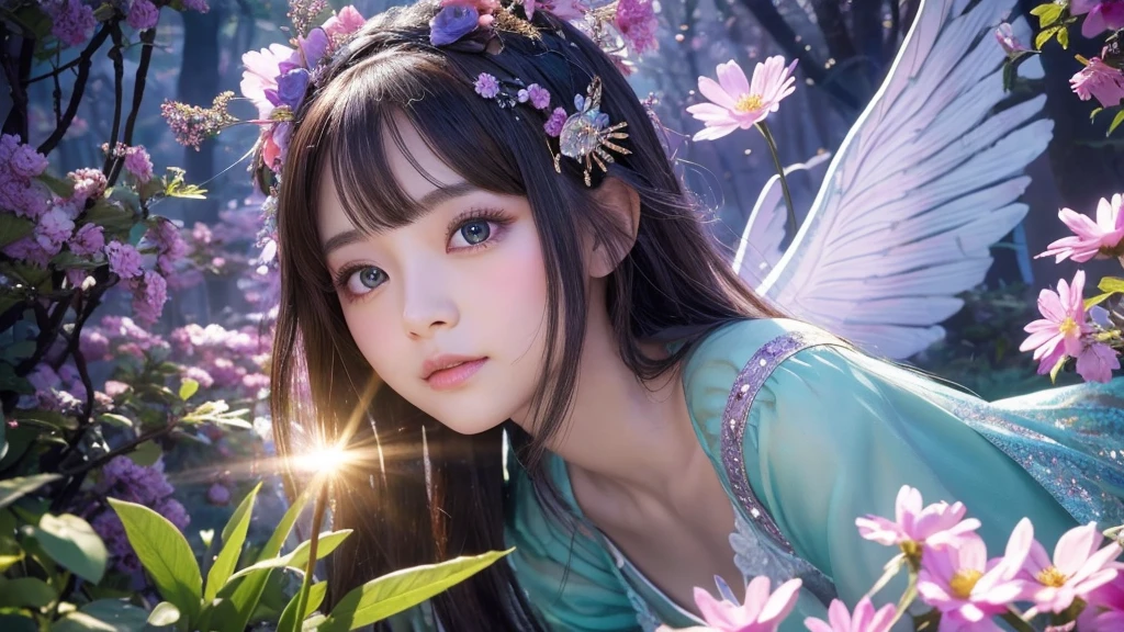 1920×1080、Photogenic reality、heaven、Fantasy、magic、In the fantasy forest、Wrapped in dazzling light、眩Shiiほどの黄金色の光が降り注ぐ、god々Shii、Fantasy、Spreading its large wings、cute、Beauty、Adult female、Big Eyes、一人の美Shii美の女godの全身の画像を作ってください