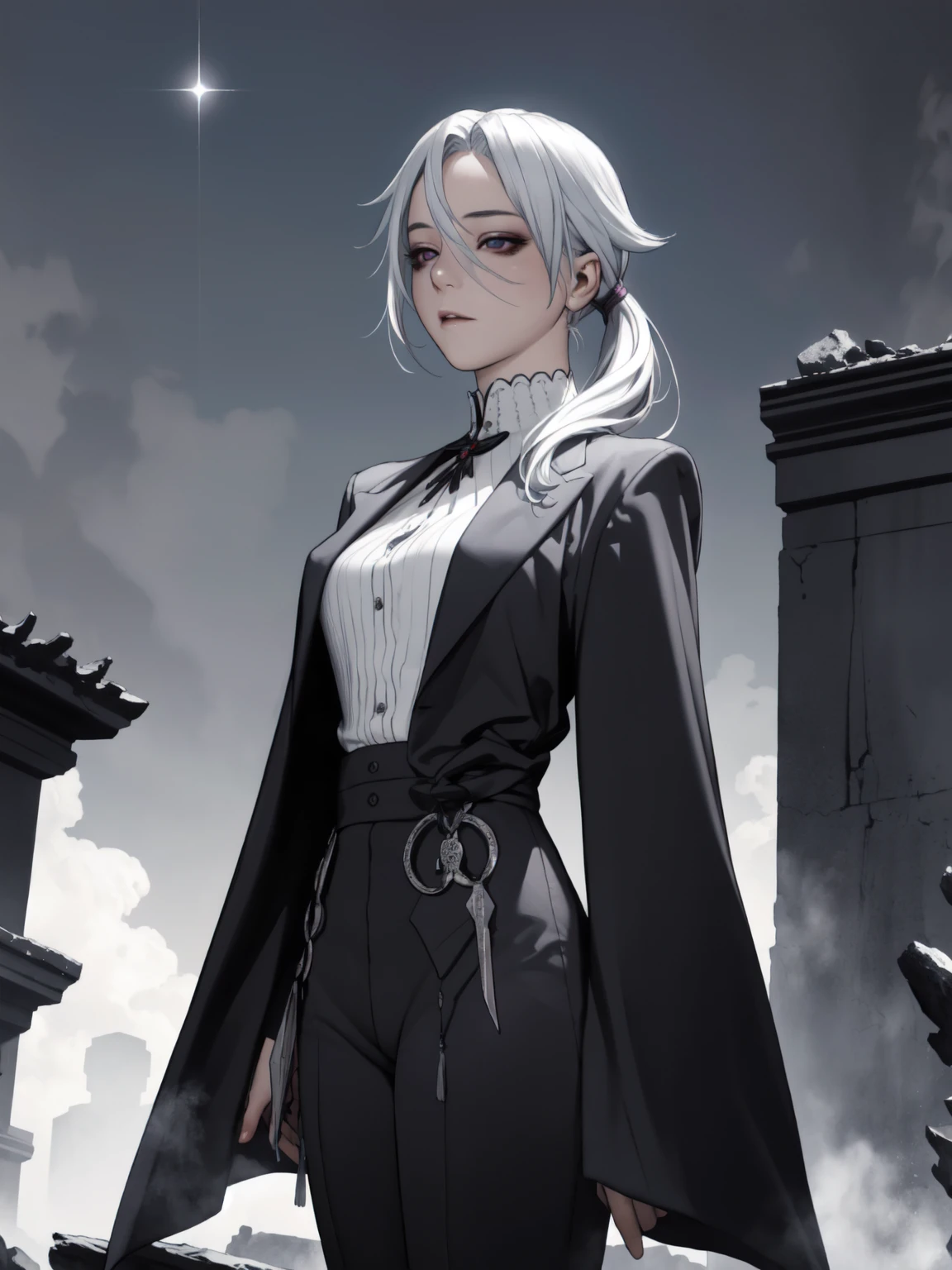 The dark ruins: A desolate, haunted landscape scattered with ruins, ancient ruins. A mysterious mist surrounds the area, and ghostly apparitions roam the decaying structures,bloodstainsmagic,fancy,magical energy,bloodstains,1 girl,standing alone,White hair,Bblack hair,multicolored hair,x shaped pupils,eyes black,arle_suit,long ponytail, AS-AdultoV2,tiro de cowboy,dynamic angle,(fancy style:1.2),(high qualiy:1.3),(best qualityer:1.3),(work of art:1.3),offcial art,offical wallpaper,textures 4k,(epic:1.2),(mysterious atmosphere:1.2),Moonlight scenery,midnight sky,(twilight:1.2),subtle sparkles,fancy vibes,(detailded:1.05),(extremely detailded:1.06),sharp focus,(intricate:1.03),(extremely intricate:1.04),low-contrast,soft cinematic light,calming hues,hdr,(beautiful scenery:1.08),(detailded scenery:1.08),(intricate scenery:1.07),(wonderful scenery:1.05),(beautiful  face:1.1),[perfects eyes:0.8],[perfect  skin:0.8],[detailded face:0.8],[detailded eyes:0.8],[detailded hair:0.9],[detailded lips:0.8]