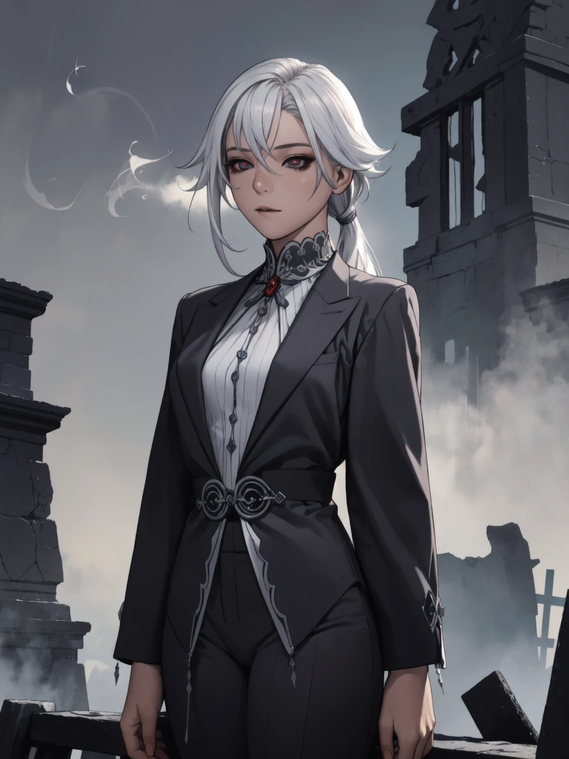 The dark ruins: A desolate, haunted landscape scattered with ruins, ancient ruins. A mysterious mist surrounds the area, and ghostly apparitions roam the decaying structures,bloodstainsmagic,fancy,magical energy,bloodstains,1 girl,standing alone,White hair,Bblack hair,multicolored hair,x shaped pupils,eyes black,arle_suit,long ponytail, AS-AdultoV2,tiro de cowboy,dynamic angle,(fancy style:1.2),(high qualiy:1.3),(best qualityer:1.3),(work of art:1.3),offcial art,offical wallpaper,textures 4k,(epic:1.2),(mysterious atmosphere:1.2),Moonlight scenery,midnight sky,(twilight:1.2),subtle sparkles,fancy vibes,(detailded:1.05),(extremely detailded:1.06),sharp focus,(intricate:1.03),(extremely intricate:1.04),low-contrast,soft cinematic light,calming hues,hdr,(beautiful scenery:1.08),(detailded scenery:1.08),(intricate scenery:1.07),(wonderful scenery:1.05),(beautiful  face:1.1),[perfects eyes:0.8],[perfect  skin:0.8],[detailded face:0.8],[detailded eyes:0.8],[detailded hair:0.9],[detailded lips:0.8]