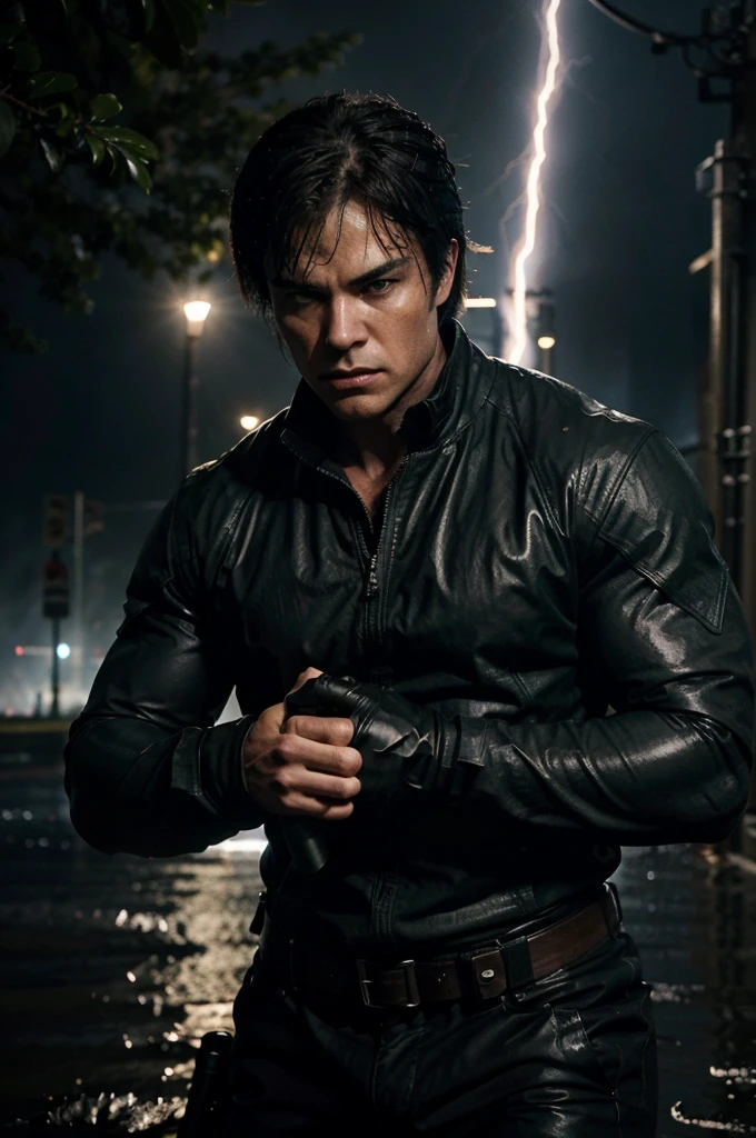 "Damon Salvatore stands defiantly amidst the pouring rain, his muscular frame glistening with water, adorned with intimidating skull face paint. Clad in rugged military gear, he grips an assault rifle firmly, his steely gaze cutting through the downpour with unwavering focus. The rain-soaked battlefield around him is illuminated by flashes of lightning and explosions, casting dramatic shadows and highlighting his fearless demeanor. Despite the storm raging around him, Damon remains a formidable and relentless force on the front lines."






