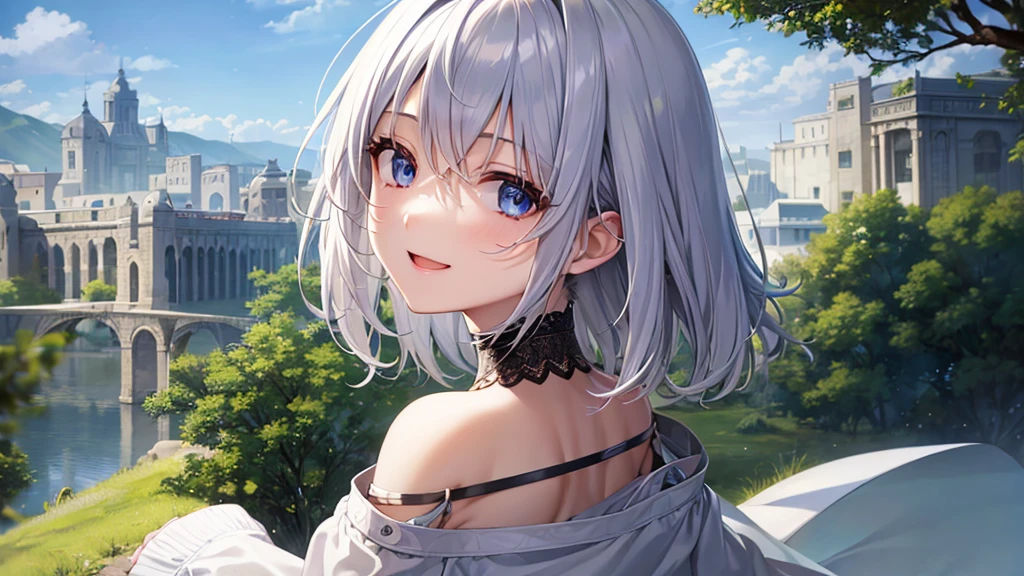 ultra HD,Look at the viewers, Put your hands behind your back, With a girl, 20-year-old, Very Short Hair, Long bangs between the eyes, pale blue eyes,  Very detailed,(masterpiece、Highest quality),Gray Hair、Laughter、Fantastic, Silver Hair, Iris,  Short hair、 Fluttering Hair、Small Face、Bright smile、(Detailed face) ,Professional Lighting,Wonderful landscape,blue sky, sunlight,Looking down from above,Portraiture、Open your mouth、Flower Field、Her eyes were shining、Mysterious and enchanting atmosphere。With AI Painting、Very short hair, Long bangs between the eyes, Very detailed,(masterpiece、Highest quality)、alone、Gray Hair、Fantasy, Silver Hair, Fantasy landscape、smile、Open your mouth、short hair、Short Hair、hairpin、black eye、Grey Eyes、Beautiful Eyes、White shirt、Jacket、I can see the neck、The clavicle is visible