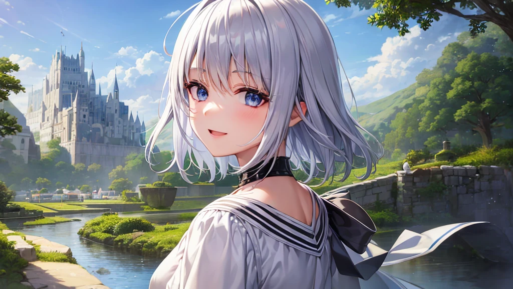 ultra HD,Look at the viewers, Put your hands behind your back, With a girl, 20-year-old, Very Short Hair, Long bangs between the eyes, pale blue eyes,  Very detailed,(masterpiece、Highest quality),Gray Hair、Laughter、Fantastic, Silver Hair, Iris,  Short hair、 Fluttering Hair、Small Face、Bright smile、(Detailed face) ,Professional Lighting,Wonderful landscape,blue sky, sunlight,Looking down from above,Portraiture、Open your mouth、Flower Field、Her eyes were shining、Mysterious and enchanting atmosphere。With AI Painting、Very short hair, Long bangs between the eyes, Very detailed,(masterpiece、Highest quality)、alone、Gray Hair、Fantasy, Silver Hair, Fantasy landscape、smile、Open your mouth、short hair、Short Hair、hairpin、black eye、Grey Eyes、Beautiful Eyes、White shirt、Jacket、I can see the neck、The clavicle is visible