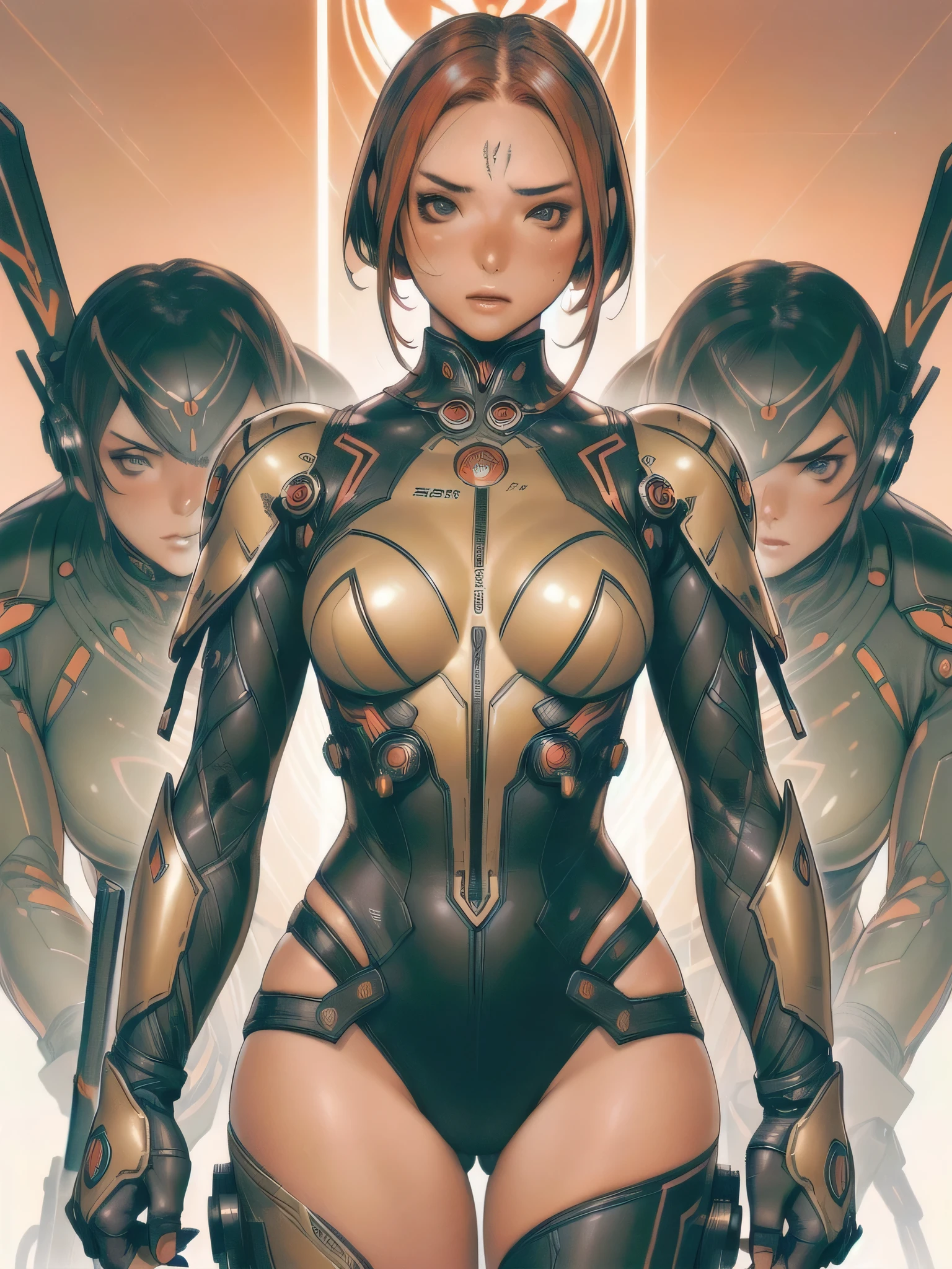 (((Black and golden)), ((best qualityer)), (((front view))), (((perfect body))), (((slim))), (Muscles), (((fit body armor suit))), ((Perfect masterpiece)), (detailded: 1.4), (absurdrez), (((long red hair with heavy bangs covering the entire forehead and a moth))), (((full body fitness, Venom symbol)), (((short hair woman, blushful))), 21 year old woman, beautiful sexy woman, giant robot pilot, wild with perfect corpo fitness, wearing small mecha battle armor clothes, tiny thong, Shonen manga style, clothing with Japanese cyberpunk graphic patterns, Halftone pattern and vertical stripes, earth tone, exiting the body of a giant robot, (((cowboy shot)))
