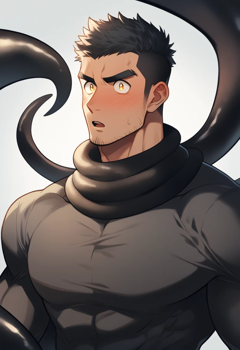 anime characters：Superhero in tights, negro black skin, He was entangled by a large number of thick black tentacles, Very stout, Lots of mucus, Wrap around the neck, Wrap around the waist, Tightly tied, Manliness, male focus, Yellow and black high collar long sleeve tight T-shirt, Slightly transparent material, Very tight, Round, full and perky chest muscles, Male dog waist, Slightly transparent, muscular male, muscular, only, Upper body, alone, Black short hair, Thick eyebrows, stubble, Yellow eyes, Grey background, simple background, amazing quality, best aesthetics, Ridiculous, bright pupils, crew cut, parted lips, blush, open mouth, scared, drop shadow, best quality