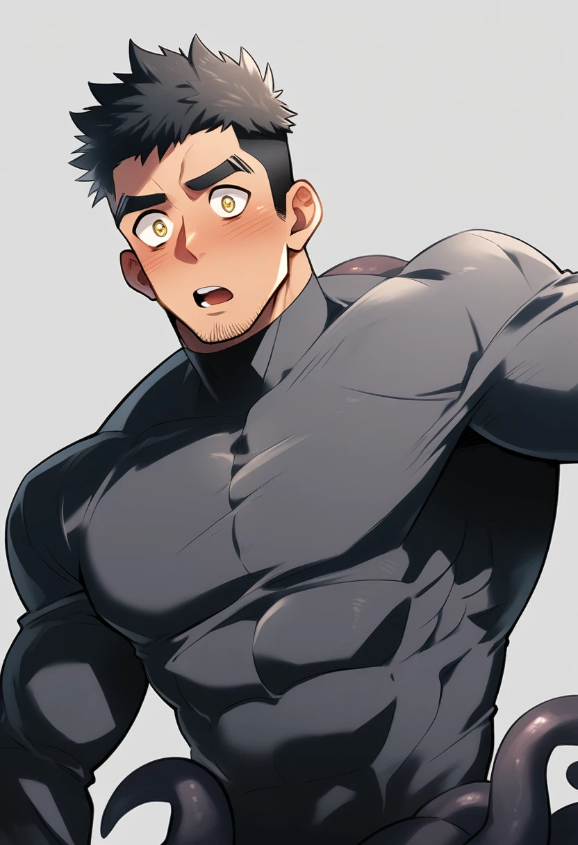 anime characters：Superhero in tights, negro black skin, He was entangled by a large number of thick black tentacles, Very stout, Lots of mucus, Wrap around the neck, Wrap around the waist, Tightly tied, Manliness, male focus, Yellow and black high collar long sleeve tight T-shirt, Slightly transparent material, Very tight, Round, full and perky chest muscles, Male dog waist, Slightly transparent, muscular male, muscular, only, Upper body, alone, Black short hair, Thick eyebrows, stubble, Yellow eyes, Grey background, simple background, amazing quality, best aesthetics, Ridiculous, bright pupils, crew cut, parted lips, blush, open mouth, scared, drop shadow, best quality