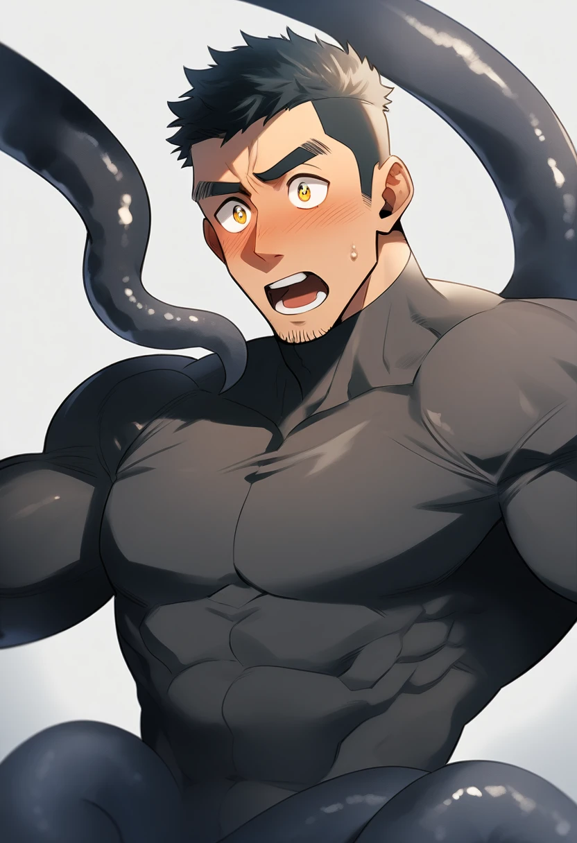 anime characters：Superhero in tights, negro black skin, He was entangled by a large number of thick black tentacles, Very stout, Lots of mucus, Wrap around the neck, Wrap around the waist, Tightly tied, Manliness, male focus, Yellow and black high collar long sleeve tight T-shirt, Slightly transparent material, Very tight, Round, full and perky chest muscles, Male dog waist, Slightly transparent, muscular male, muscular, only, Upper body, alone, Black short hair, Thick eyebrows, stubble, Yellow eyes, Grey background, simple background, amazing quality, best aesthetics, Ridiculous, bright pupils, crew cut, parted lips, blush, open mouth, scared, drop shadow, best quality