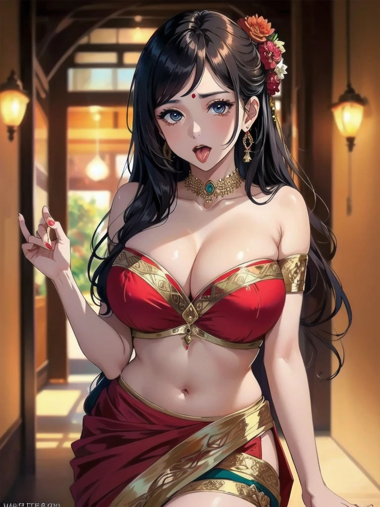 Indian desi beautiful girl in saree fully covered, (masterpiece:1.3), (8k, trending on art station, best quality: 1.4), detailed, symmetric face, beautiful eyes, anime style, sexy pose, indian traditional dress, hot, standing, bend pose, on knees,face on front,huge breast,off shoulder ,'i can see all breast',open mouth tongue out,saliva flow on breasts,hand on saree,leg off