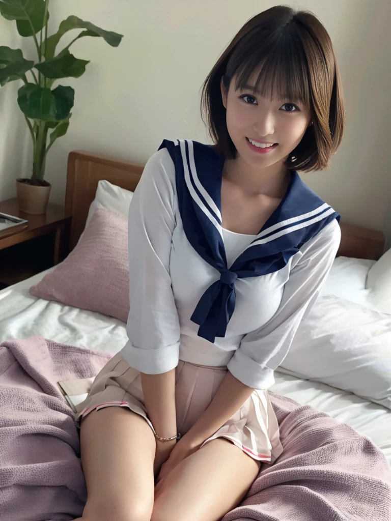 (Super reality:1.2), (digital art, digital illustration, 4k, 8k, Super detailed, beautiful images, clear image, (realistic), (RAW photo:1.3), perfect face, perfect lines, perfect eyes, Accurate body shape, dark lighting) , 1 Japanese cute girl after school, solo, school uniform, (sailor suit, serafuku:1.3), (short cut hair style:1.3), Beautiful face, amateur girl, sexy gyaru:1.3, ((showing panties)), so japanese young Idol, full chest, slim body style, (Inside the hotel, American size bed room, Antique furniture), Precise arms, precise hands and fingers, Beautiful hands and fingers, small smile, Beautiful thighs, (cowgirl position, open legs, on bed), sexy pose, POV