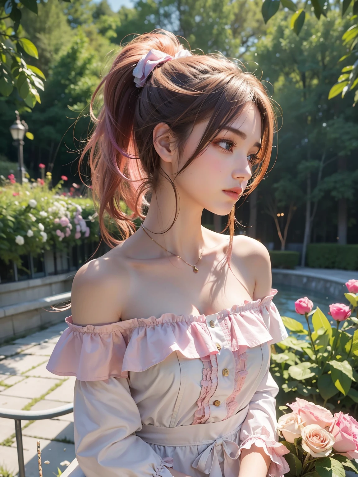 best quality, masterpiece, ultra detail, high resolution, photo realistic, 1 girl with a pink ponytail, off shoulder, Flower background