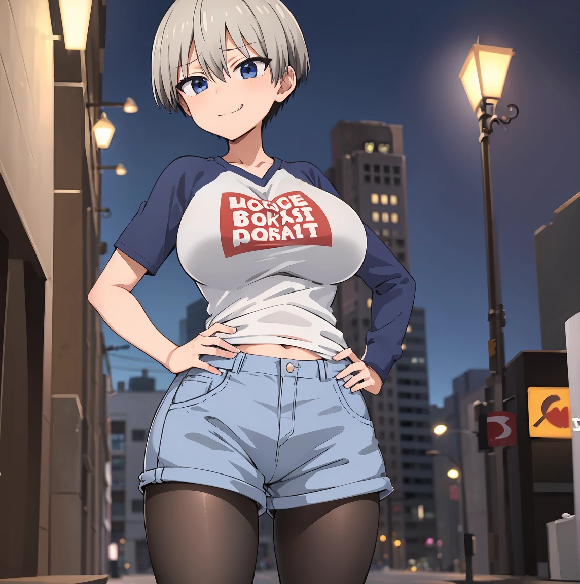 ((1girl)),((alone)),uzaki hana,(masterpiece), (best quality), (ultra detailed), (best illustration), (best shadow), (absurdities), sharp focus, cowboy photo , looking at viewer, big breasts, narrow waist, wide hips, wide thighs, round butt, dynamic posture, gray hair, short hair, hair between the eyes, bangs, blue eyes, fangs, shirt, raglan sleeves, text in romaji, written clothing, long sleeves, huge breasts, jean shorts, black pantyhose, mocking smile, closed mouth, (sexy pose: 1.2), alone, standing: 1.3, outdoor, night, cityscape, city, streets, street lights the city, looking forward, ((focus on hips)), pov (from below), red blush, perfect anatomy, perfect hands