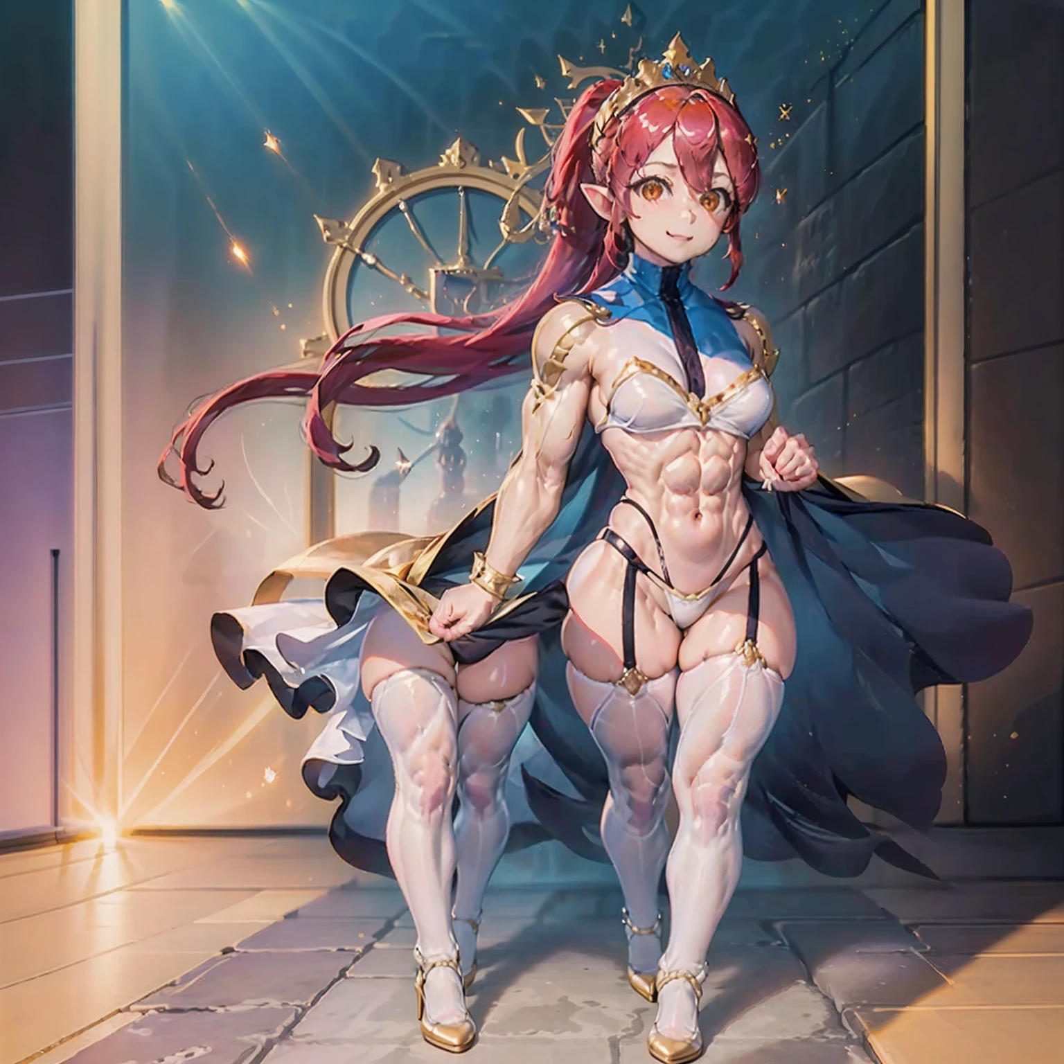 extremely long hair, ponytail, perfect anatomy 1 girl tall solo, slim thick, ((muscular)) high elf toned body, golden breast plate, golden cape, slender abs, hourglass waist, detailed face, defined cheekbones, puffy lips, goldengauntlets, gold crown, shadow over eyes, looking at viewer, masterpiece, white thigh highs lingerie, lustful smirking smile face red blushed red cheeks, 2 high heels feet together