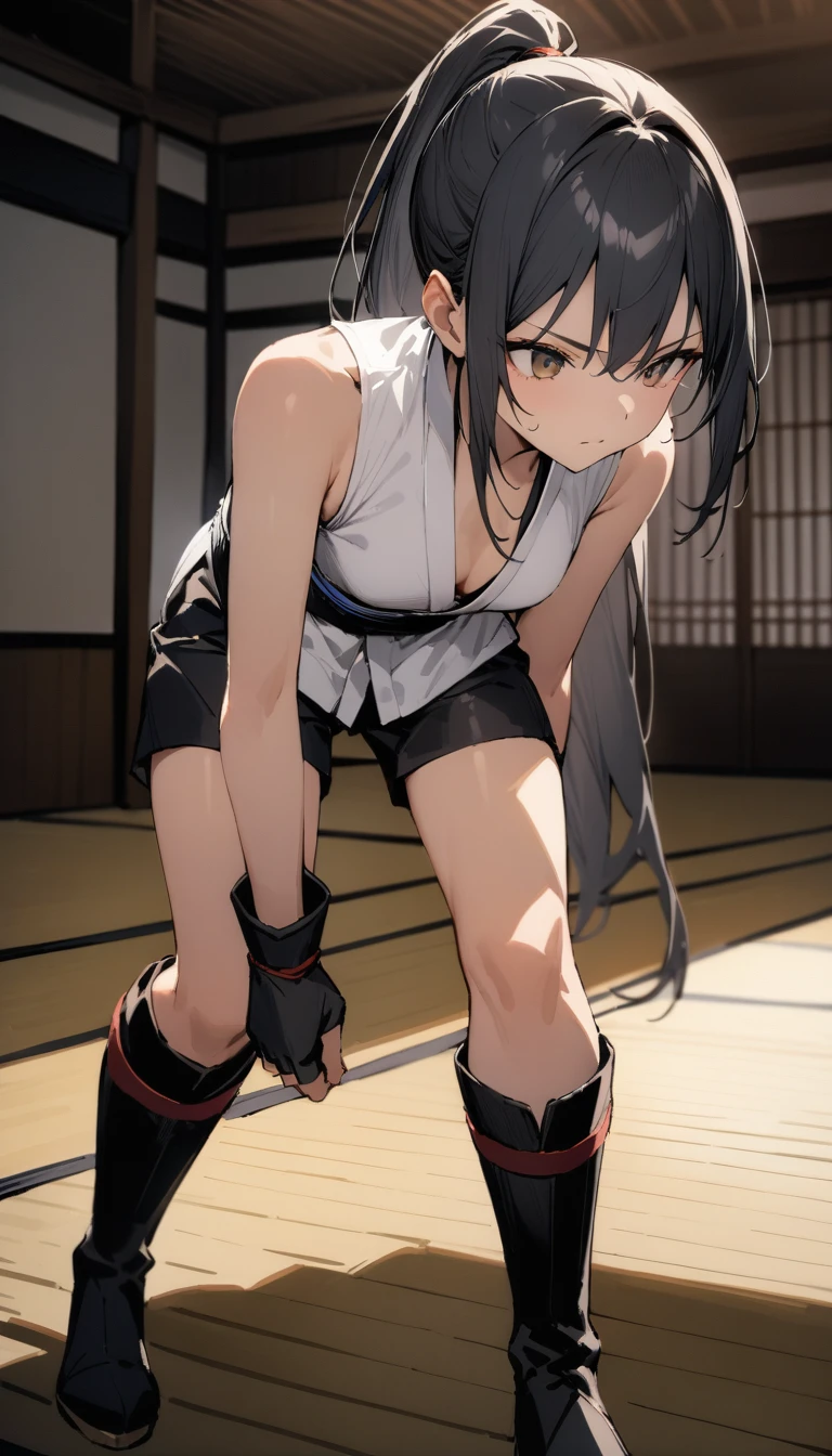 ((Highest quality)), ((masterpiece)), (detailed),full body ,slender. ((Rin々A cool female karateka))　small breasts　Long-haired ponytail　((Sleeveless white karate uniform))　Black shorts　Knee-high boots　Black martial arts belt　kimono　Leaning forward　　Open chest　black fingerless gloves　inside dojo